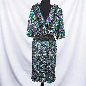 Vintage Montage Petite Dress Woman MED Floral Polka Dot Ruffle V Neck Midi Retro